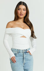Dana Top - Off Shoulder Long Sleeve Ruched Fitted Top in White