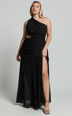 Darcy Maxi Dress - One Shoulder Side Cut Out Gathered Dress in Black
