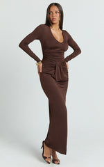 Dixie Maxi Dress - Plunge Long Sleeve Bodycon Dress in Chocolate