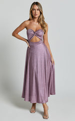Effie Midi Dress - Strapless Twist Front Metallic Dress in Pink