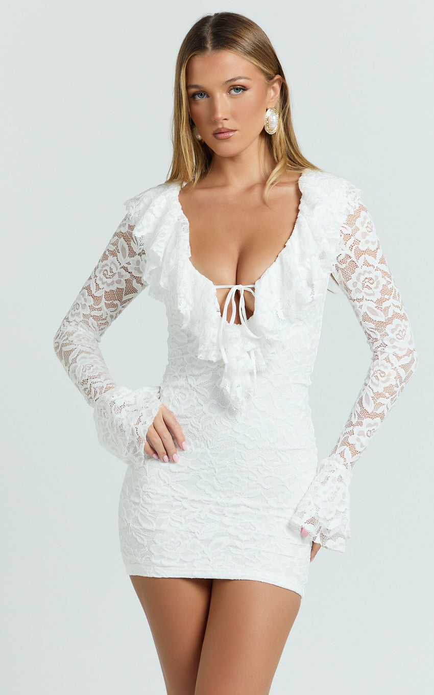 Fabienne Mini Dress - Ruffle Neck Long Sleeve Dress in White
