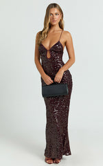 Finn Maxi Dress - Plunge Neck Sheer Sequin Slip Dress in Wine
