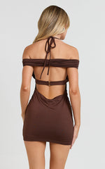 Gabriel Mini Dress - Halter Tie Back Bodycon Dress in Chocolate