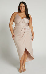 How Will I Know Midi Dress - Wrap Waist Tie Tulip Hem Dress in Champagne
