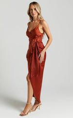 How Will I Know Midi Dress - Wrap Waist Tie Tulip Hem Dress in Copper
