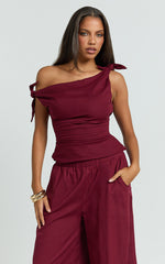 Ivy Top - Linen Off Shoulder Tie Top in Berry