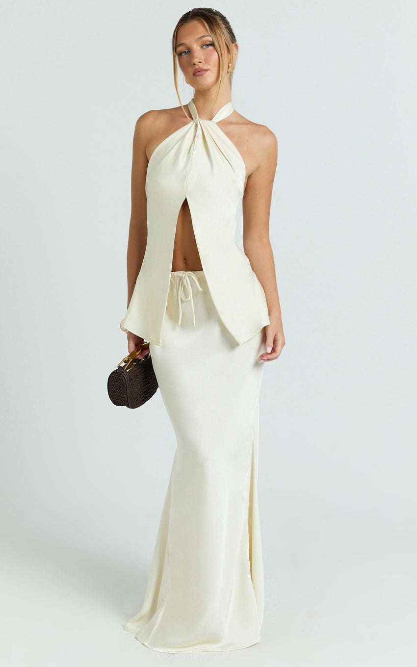 Jenna Maxi Skirt - Mid Waisted Satin Maxi Skirt in Oyster
