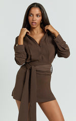 Joyce Mini Dress - Backless Tie Waist Shirt Dress in Chocolate