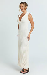 Kara Maxi Dress - Sleeveless Collared V Neck Knit Dress in Cream