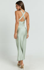 Khalani Midi Dress - Deep V Neck Satin Slip Dress in Sage