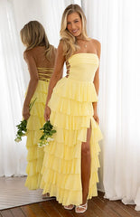 Kim Yellow Strapless Ruffle Maxi Dress