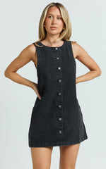 Leia Mini Dress - High Neck Mock Button Down Mini Dress in Black Wash
