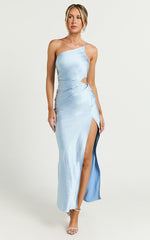 Leighton Midi Dress - One Shoulder Ruched Thigh Split Slip Dress in Blue