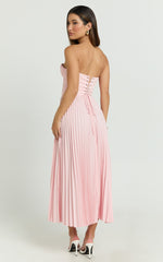 Loretta Midi Dress - Lace Up Back Bustier Pleated Dress in Soft Pink