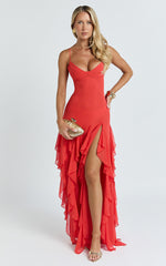 Maeve Maxi Dress - V Neck Ruffle Tier Slip Dress in Chilli