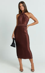 Marlette Midi Dress - Pleated Open Back Halter Dress in Chocolate