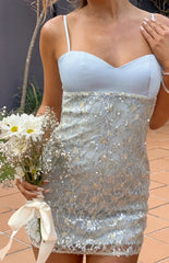 Marnia Blue Sequin Lace Satin Party Mini Dress