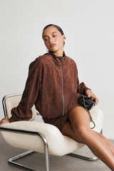 Mia Bomber Jacket - Suede Bomber Jacket in Chestnut
