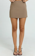Mikey Mini Skirt - Mid Waisted Tailored A Line Skirt in Mocha
