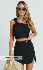 Mindy Mini Skirt - Linen Look A Line Side Split Skirt in Black