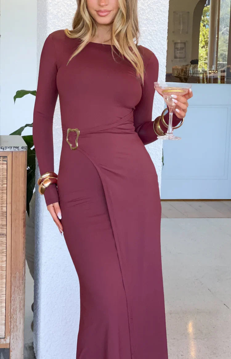 Misaki Burgundy Long Sleeve Wrap Maxi Dress