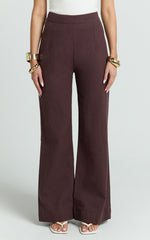 Narcisa Pants - Linen Look High Waist Bootleg Pants in Chocolate