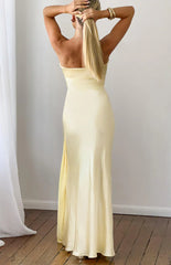 Novie Yellow Tie Detail Satin Strapless Maxi Dress