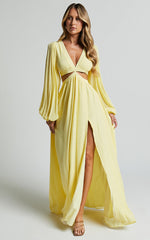 Paige Maxi Dress - Side Cut Out Balloon Sleeve Dress in Lemon