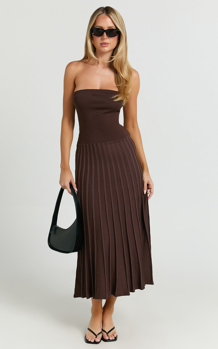 Paris Midi Dress - Strapless Drop Waist Pleated Knit Dress in Chocolate