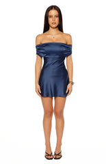 Primrose Navy Satin Off the Shoulder Mini Dress