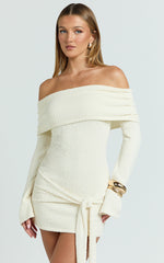 Rhianna Mini Dress - Knitted Off Shoulder Tie Waist Mini Dress in Cream