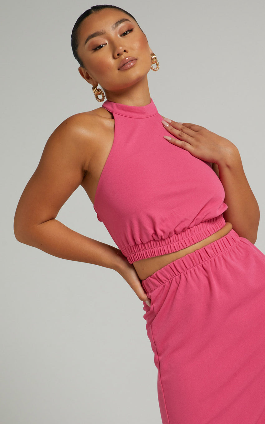 Kiki Top - Halter Neck with Elastic Detailing Top in Hot Pink