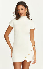 Roselle Mini Dress - High Neck Button Detail Fitted Knit Dress in White