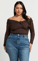 Shamaira Bodysuit - Twist Front Off Shoulder Long Sleeve in Brown