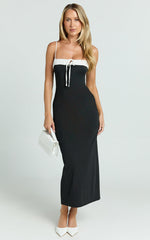Sheffield Midi Dress - Contrast Tie Front Bodycon Dress in Black
