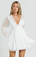 Solanna Mini Dress - Long Puff Sleeve V Neck Dress in White