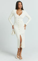 Susie Midi Dress - Pearl Button Down Long Sleeve Knit Dress in Ivory
