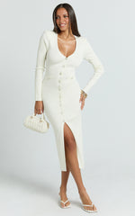 Susie Midi Dress - Pearl Button Down Long Sleeve Knit Dress in Ivory