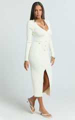 Susie Midi Dress - Pearl Button Down Long Sleeve Knit Dress in Ivory