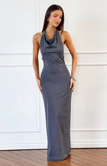 Tsuki Grey Stud Detail Cowl Neck Maxi Dress