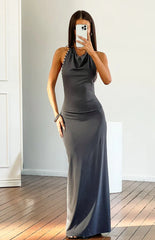 Tsuki Grey Stud Detail Cowl Neck Maxi Dress