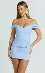 Veronika Mini Dress - Off Shoulder Plunge Fit And Flare Dress in Blue