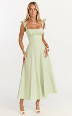 Vionette Midi Dress - Tie Shoulder Ruched Bust Corset Dress in Sage