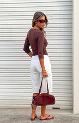 Viv Chocolate 3/4 Sleeve Wrap Jersey Top
