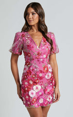 Wren Mini Dress - Puff Sleeve Bodycon 3d Garden Flowers Dress in Magenta