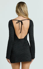 Winnie Mini Dress - Boat Neck Flute Sleeve Dress in Black