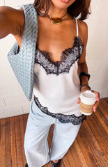 Ziva White Satin Lace Trim Asymmetrical Top