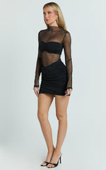 Zoe Mini Dress - Long Sleeve Mesh Dress in Black